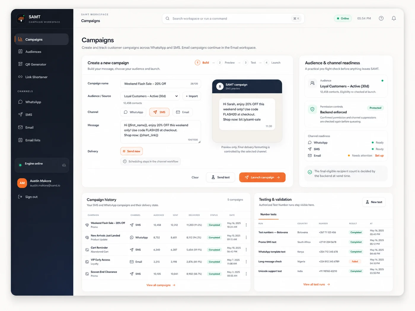 The SAMT campaign builder, showing the campaign name, audience and channel selection, a live message preview, and audience and channel readiness checks.